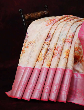 Pastel Wheat Banaras Border Buttes Floral Design Banarasi Semi Silk Saree By Gayathri Reddy Designer Studio - Distacart
