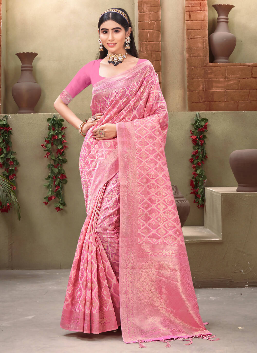 Pink Cotton Zari Woven Design Saree with Unstitched Blouse Piece - Aachal - Distacart