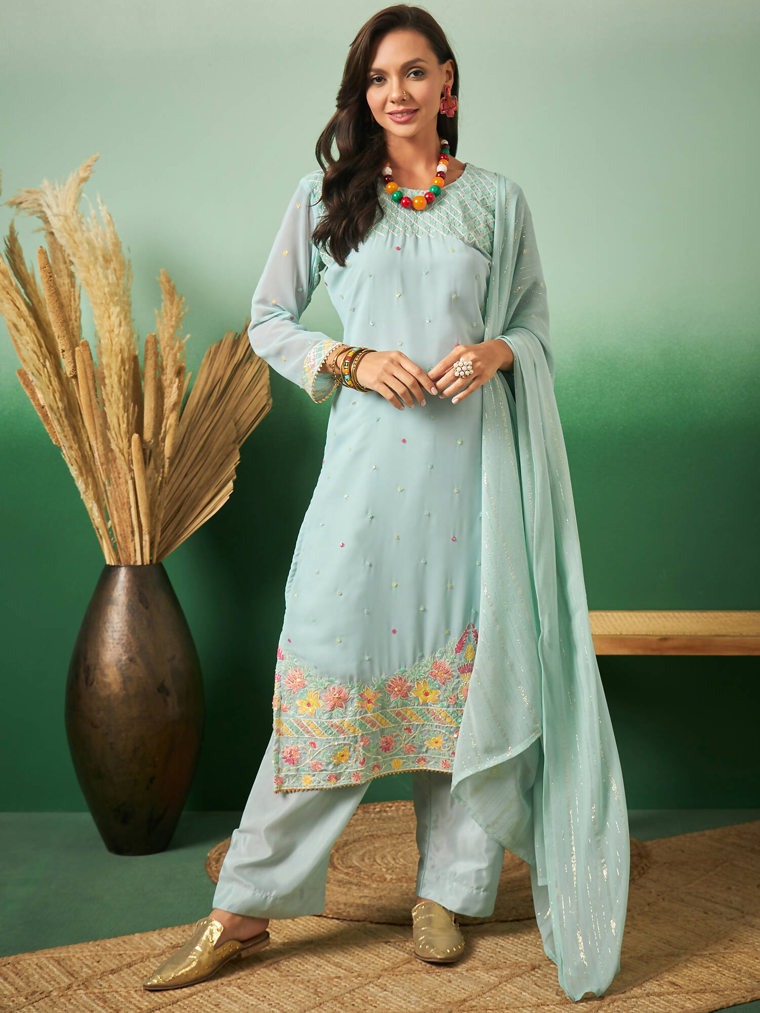 Sky Blue Georgette Handwork Unstitched Dress Material - Hanika - Distacart