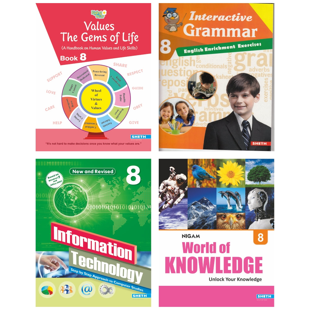 Self Enhancement Student Workbooks Grade 8| Set of 4|Computer-Grammar-World of Knowledge-Value Education|Ages 13-14 Year - Distacart