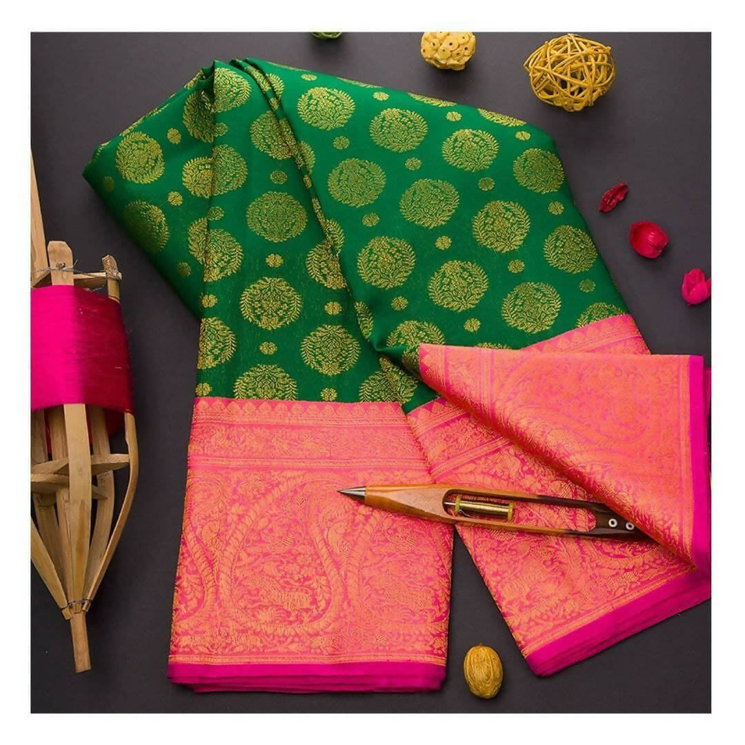 DEIANA'S Beautiful Golden Jari with New Design Soft Lichi Silk Saree - Green - Distacart