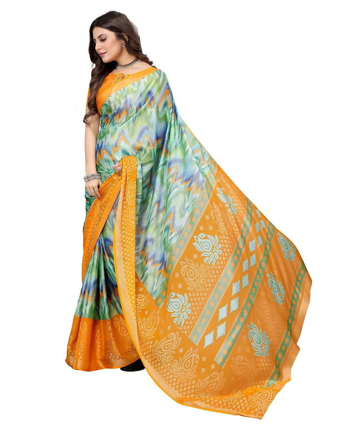 Vamika Green Chiffon Brasso Bollywood Style Woven Saree (KARUNA YELLOW) - Distacart