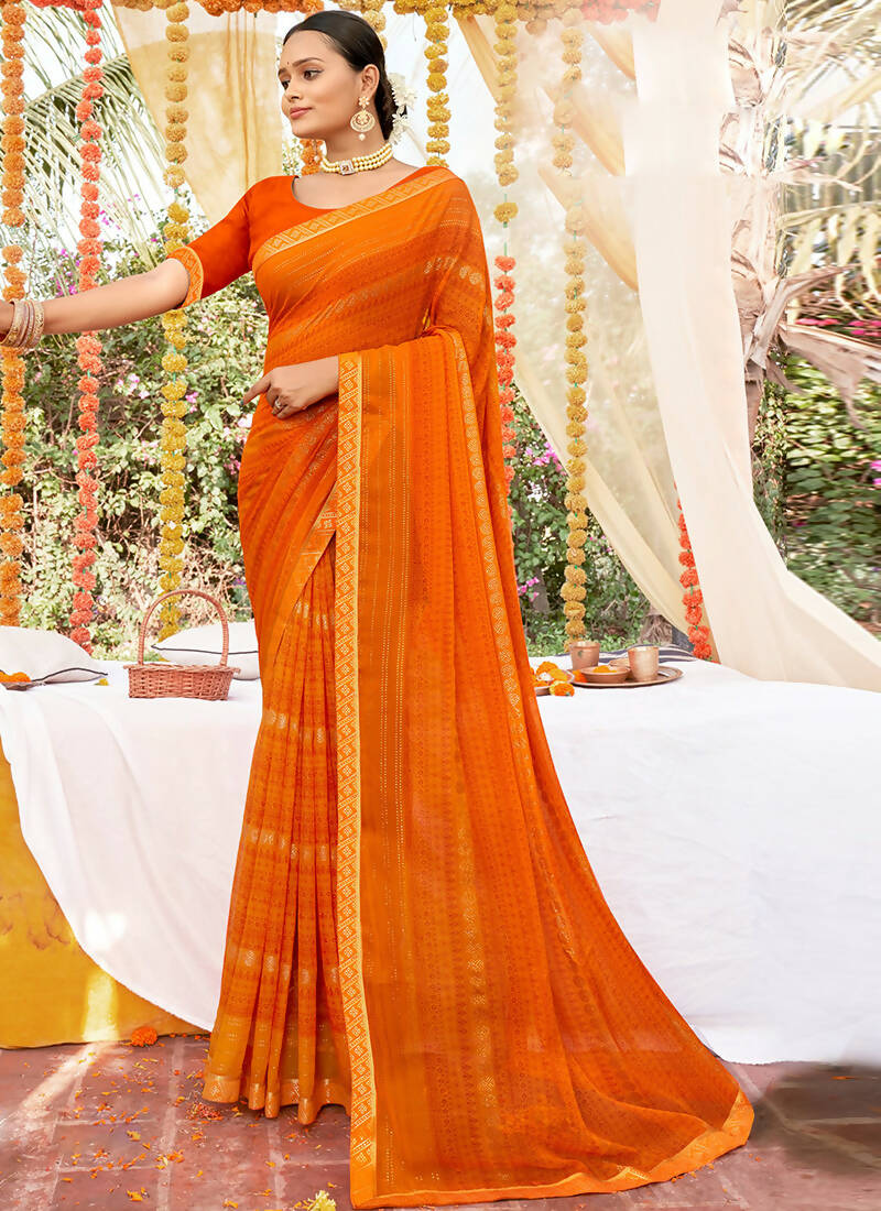 Orange Georgette Foil Printed Saree with Unstitched Blouse Piece - Avika - Distacart