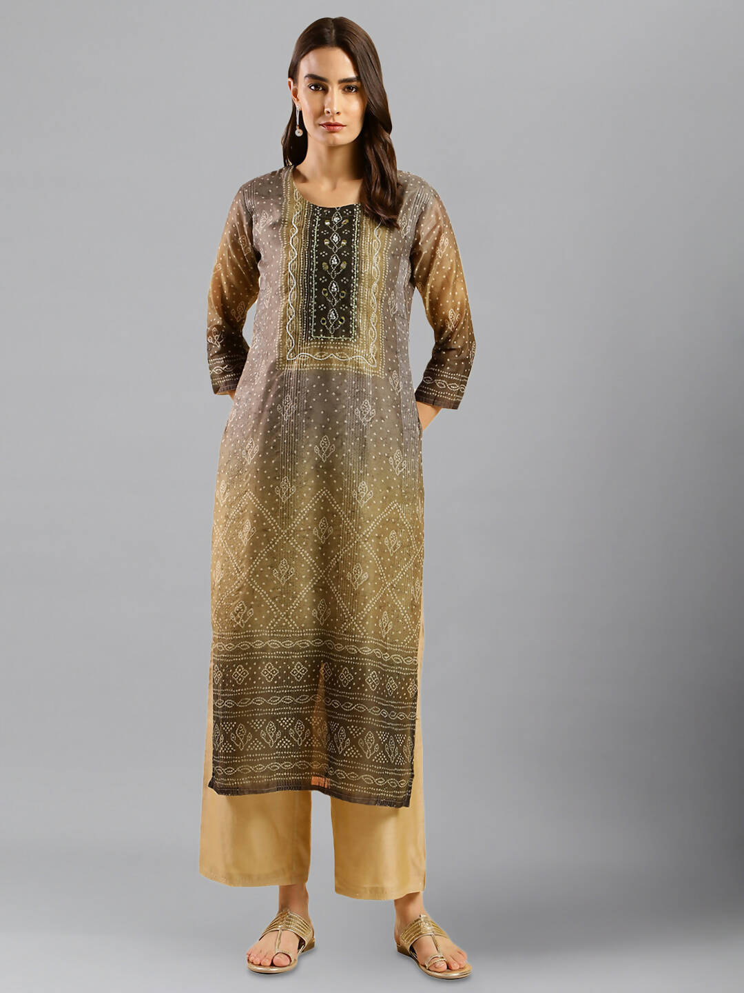 Brown Chinon Digital Printed With Hand Work Kurta - Himanshi - Distacart