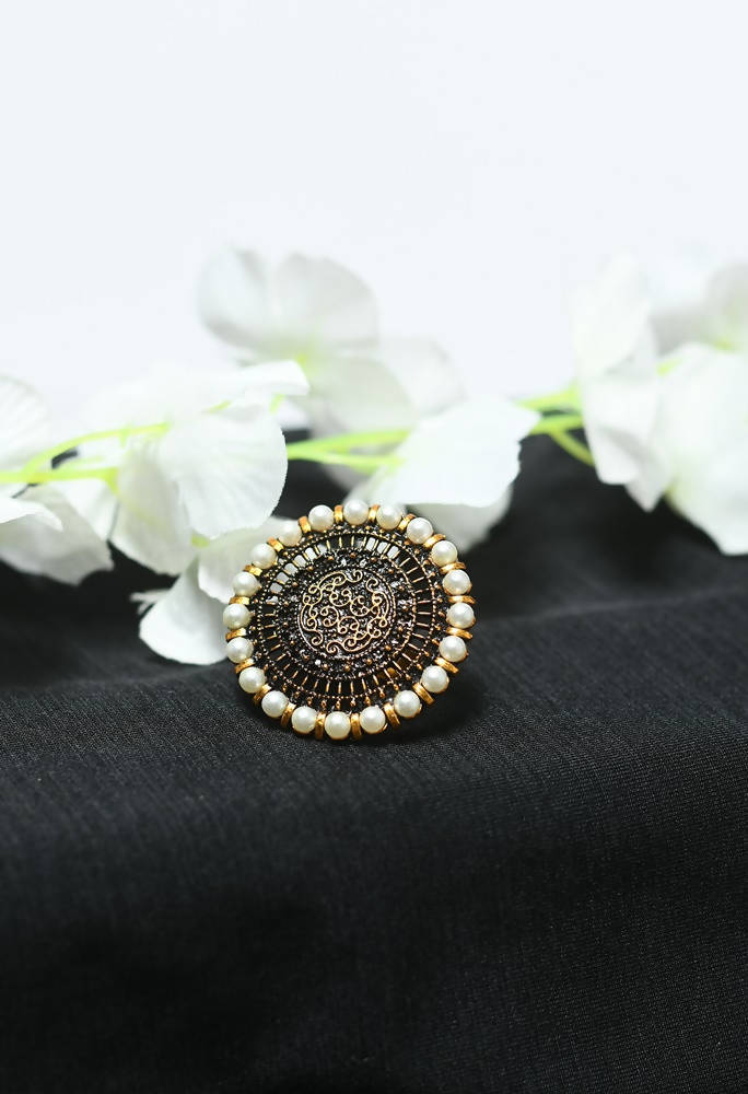 Tehzeeb Creations Beautiful Ring With White Pearl And Golden Plating