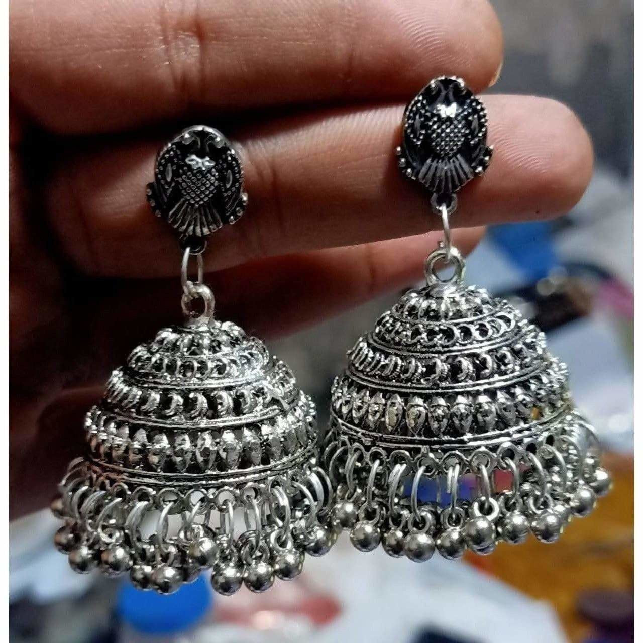 Oxidized Light Weight Silver Jhumka Earrings