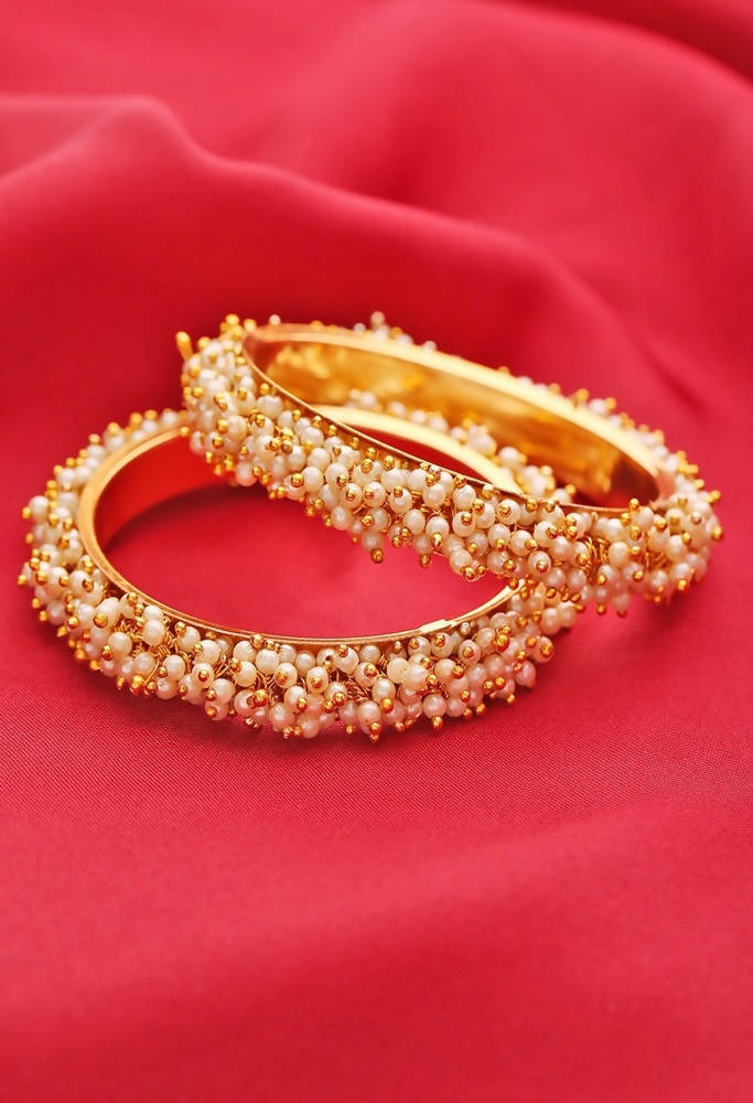 Mominos Fashion Kamal Johar Pearls Golden Off White Bangles Set