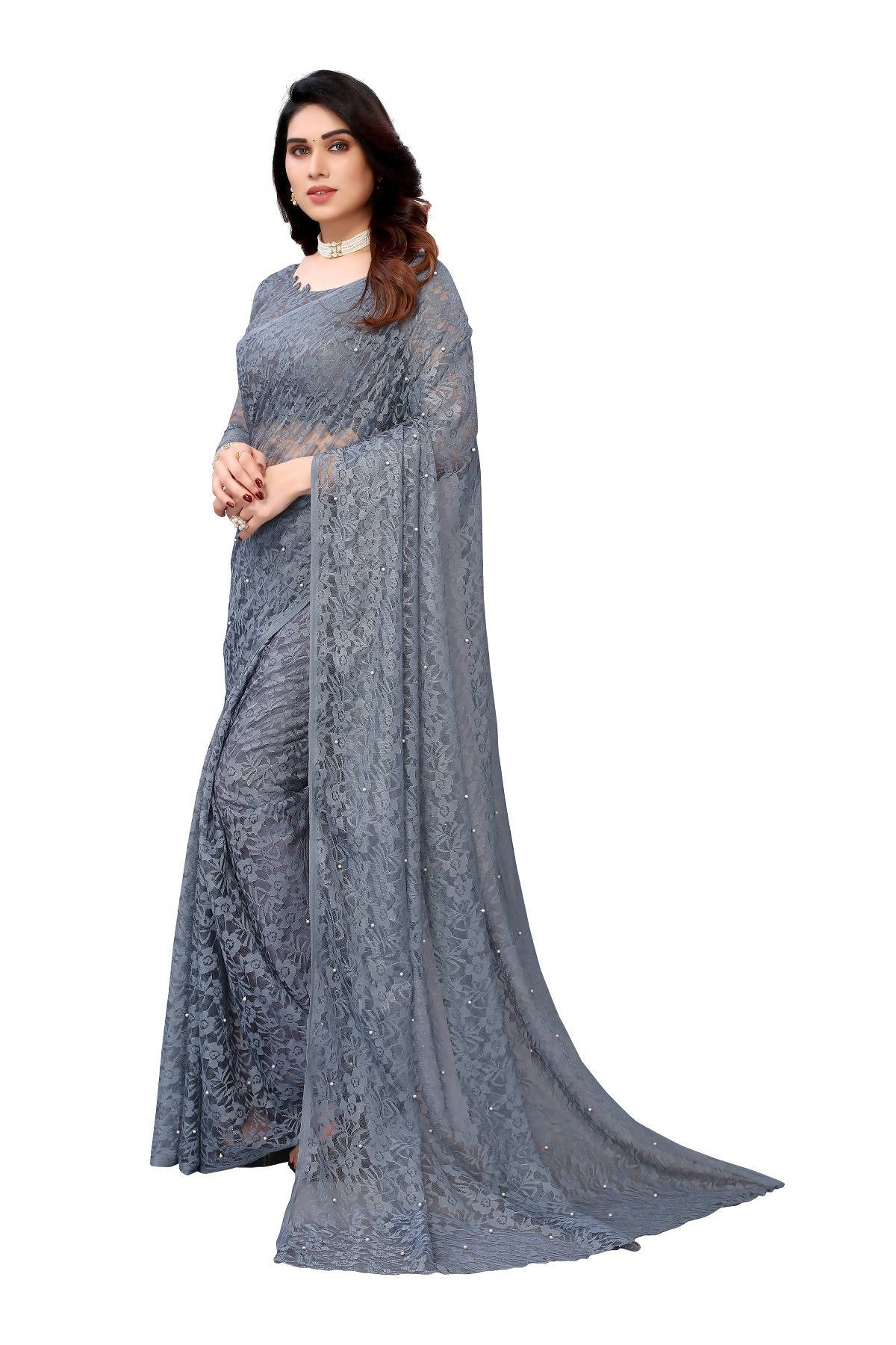 Vamika Ethnic Fire Grey Pearls Net Saree - Distacart