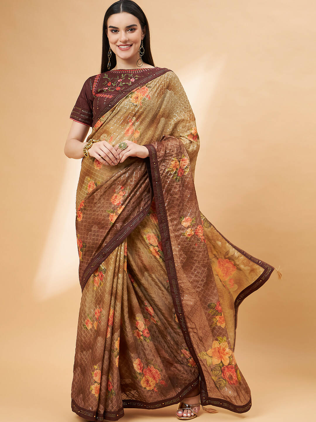 Beige Georgette Resham And Sequins Embroidery, Mukaish Studded Work Saree - Norita Hit Design - Distacart