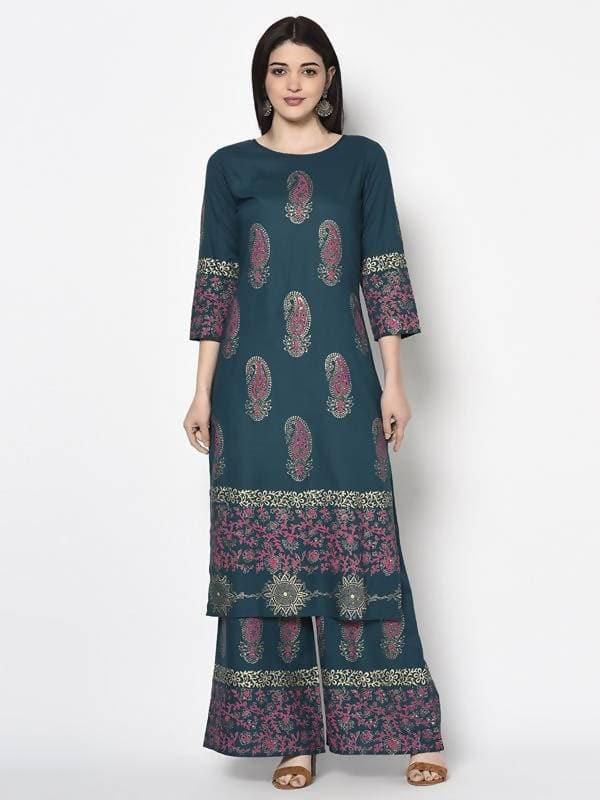 Aniyah Rayon Teal Blue Color Block Print Straight Kurta (AN-224K)