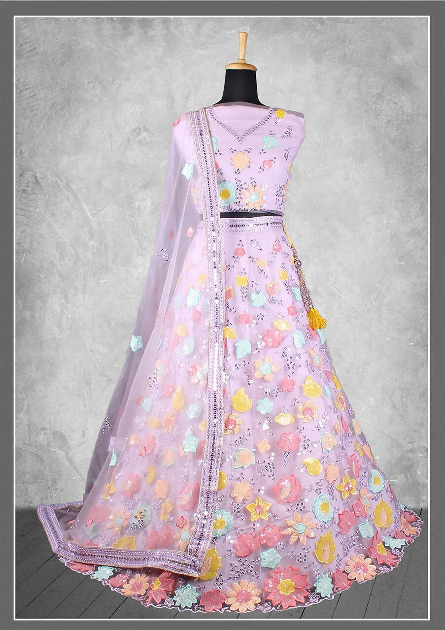 Purple Net, Satin Silk Cord And Sequins Floral Embroidery Semi-Stitched Lehenga Choli - Nimaya Kangan - Distacart