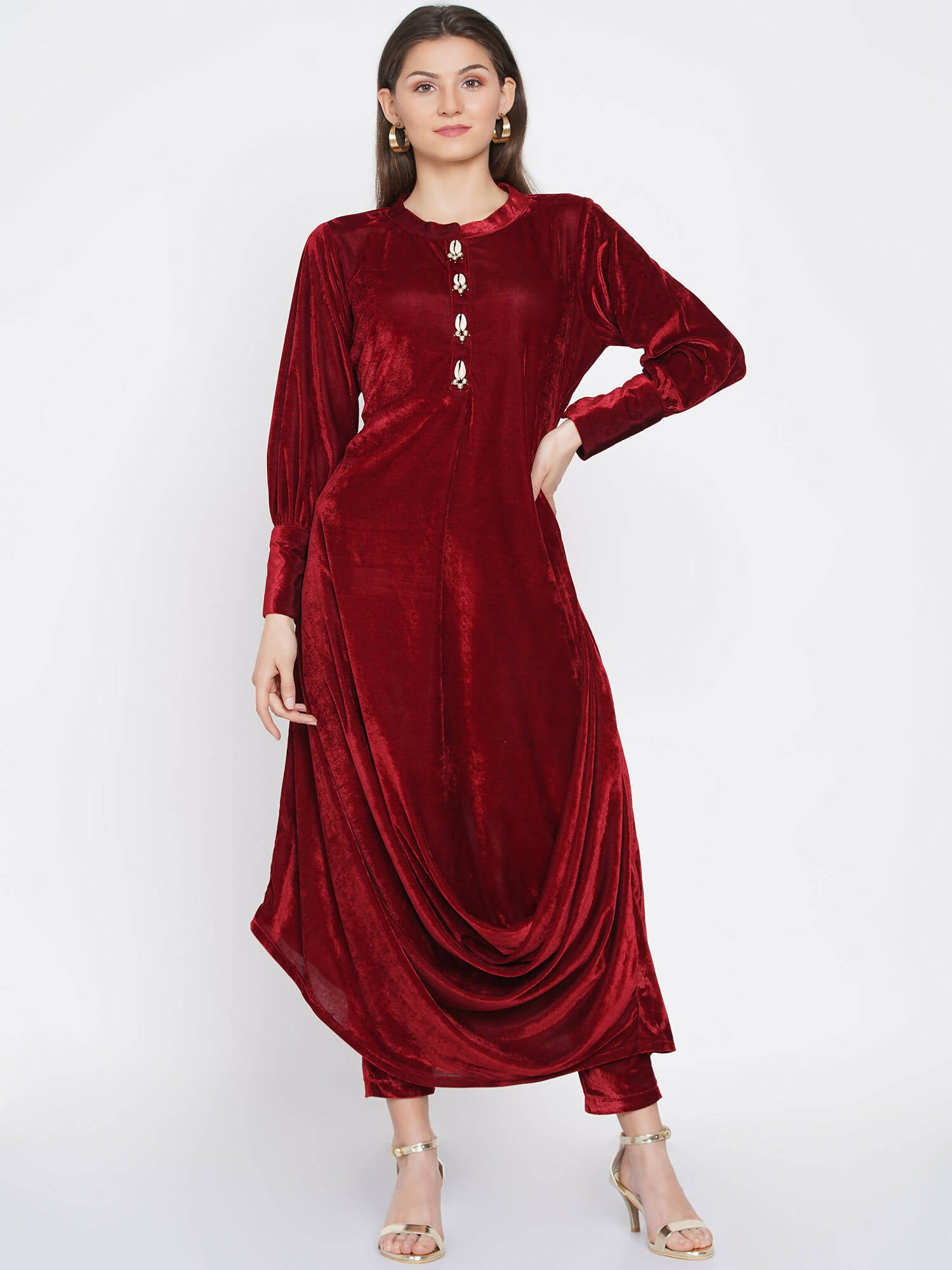 Women Republic Maroon Velvet Cowl Style Kurta With Pants - Distacart