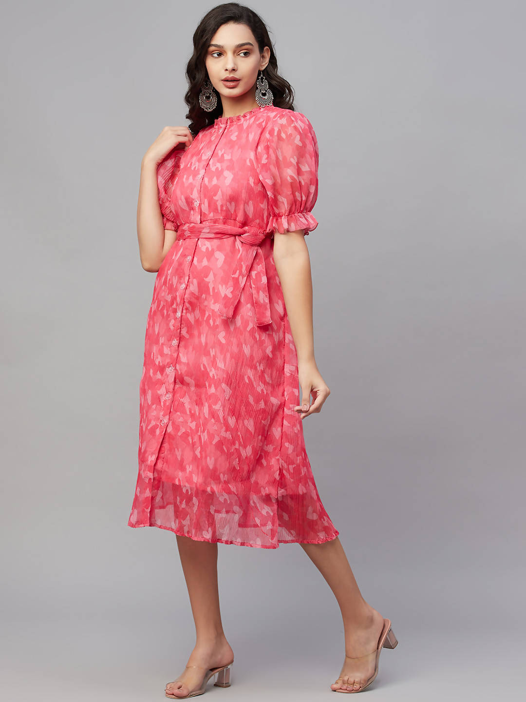 Myshka Women Pink Printed Half Sleeve Round Dress - Distacart