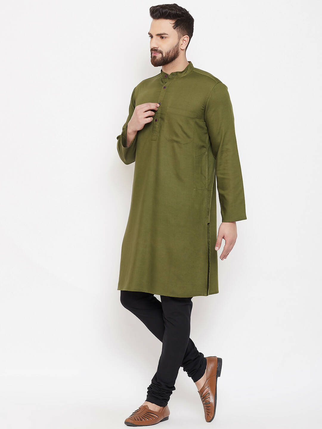 Even Apparels Green Linen Men's Kurta With Band Collar - Distacart