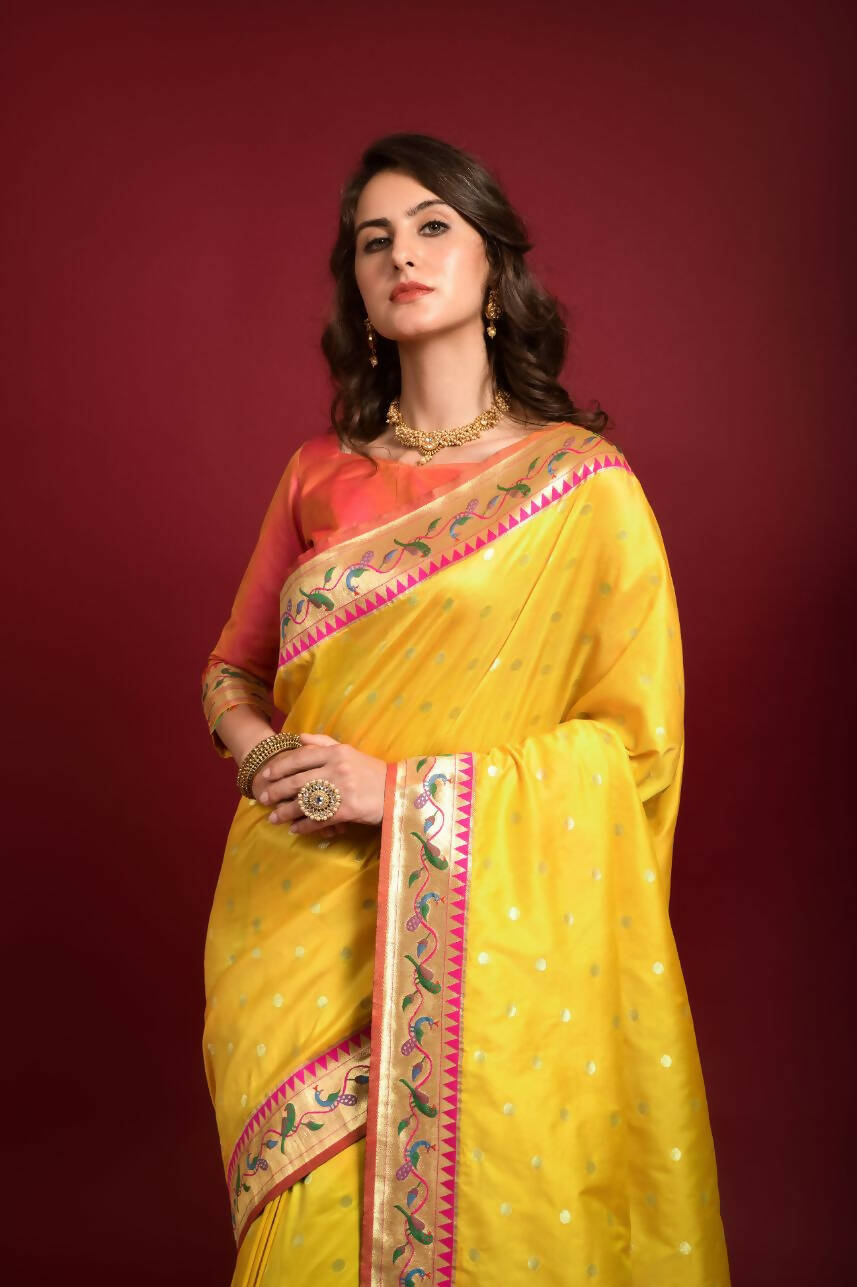 Vishnu Weaves Women's Yellow Paithani Silk Zari Woven Saree with Unstitched Blouse - Distacart