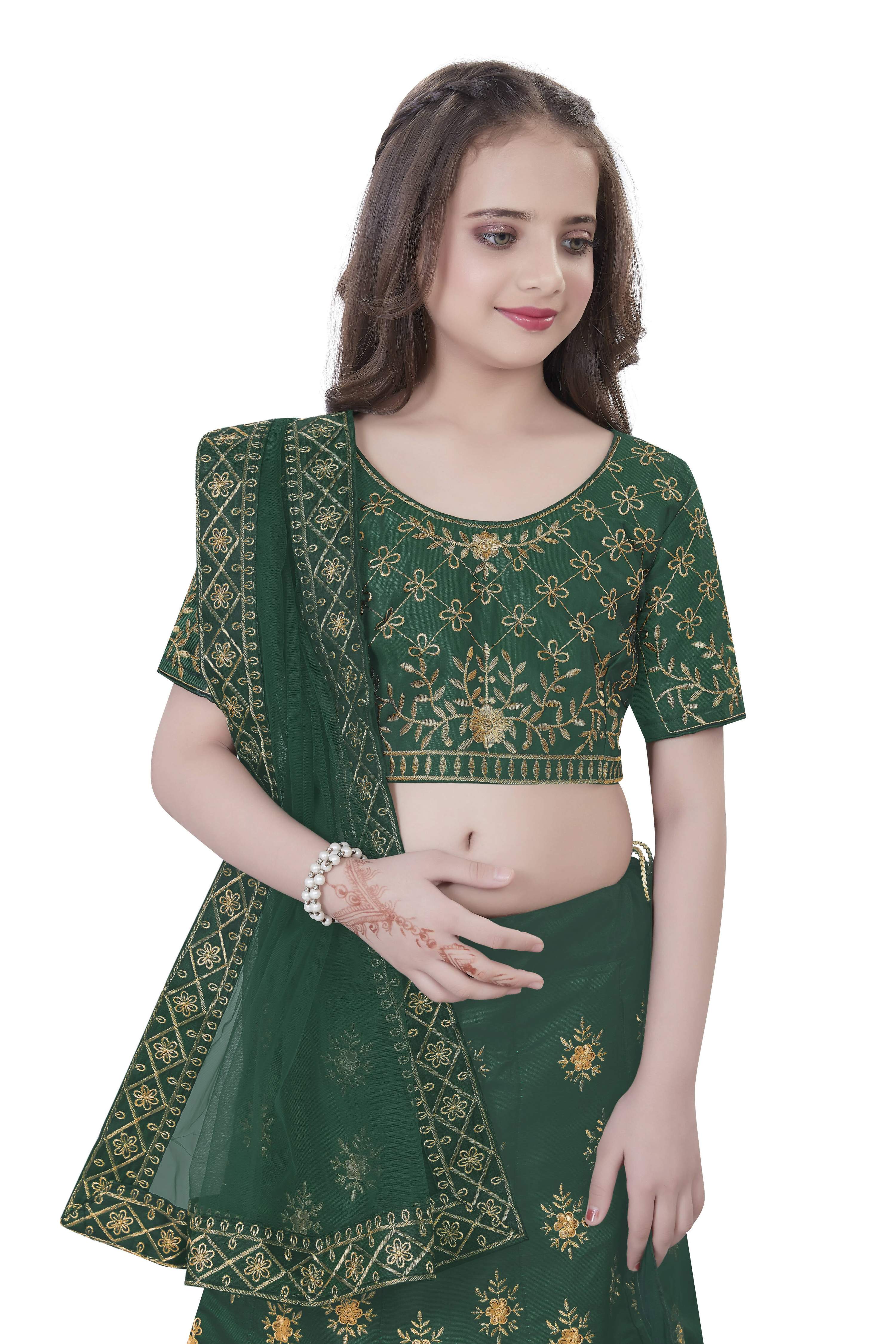 Dwiden Green Lehriyu Tafetta Sattin Semi-Stitched Girl's Lehenga Choli - Distacart