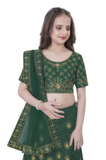 Thumbnail for Dwiden Green Lehriyu Tafetta Sattin Semi-Stitched Girl's Lehenga Choli - Distacart