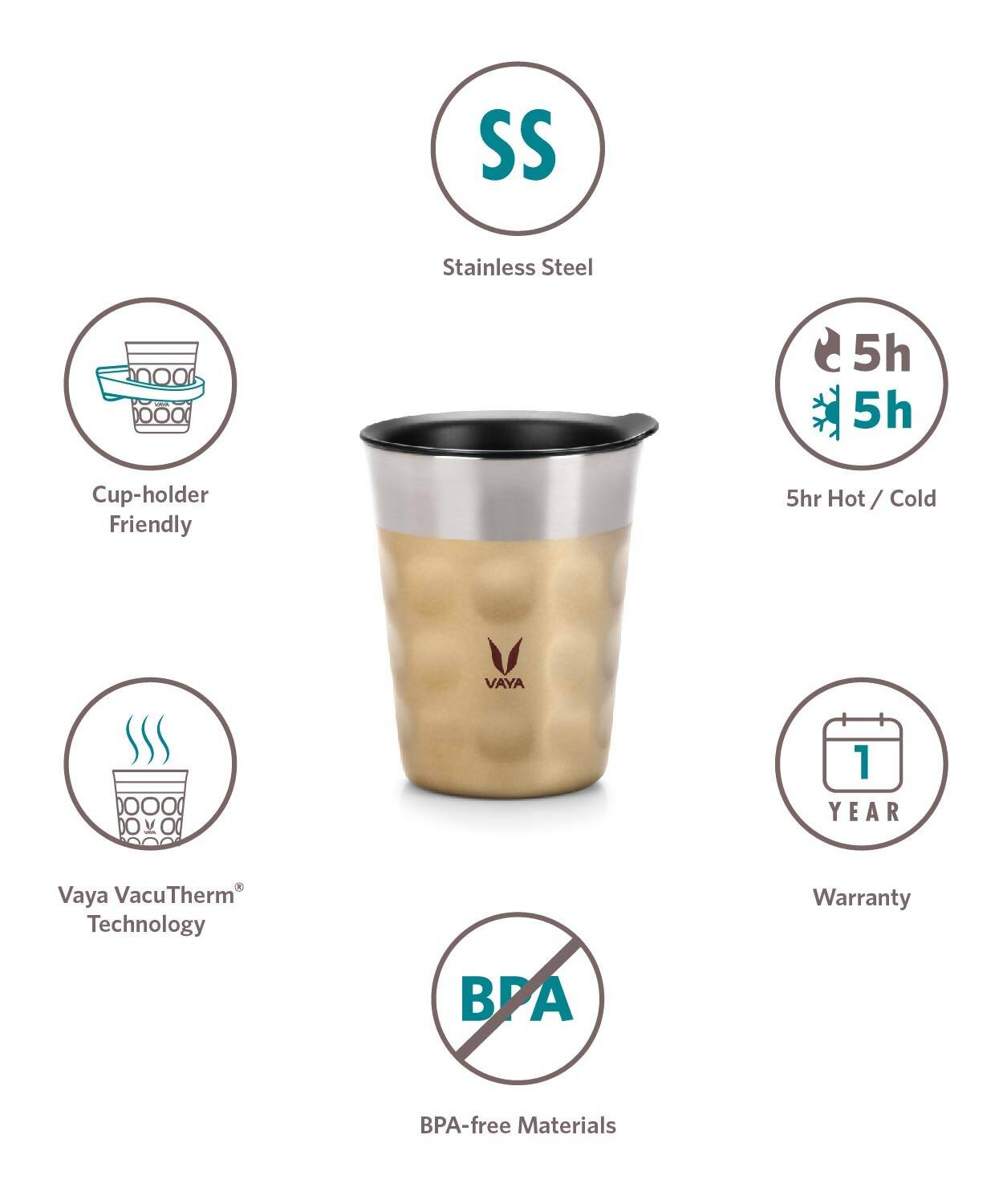 Vaya Popcup Insulated Coffee Mug Tumbler With Lid - 250 ml (Gold) - Distacart