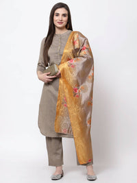 Thumbnail for Myshka Women's Khaki Cotton Solid 3/4 Sleeve Mandarin Neck Casual Kurta Pant Dupatta Set