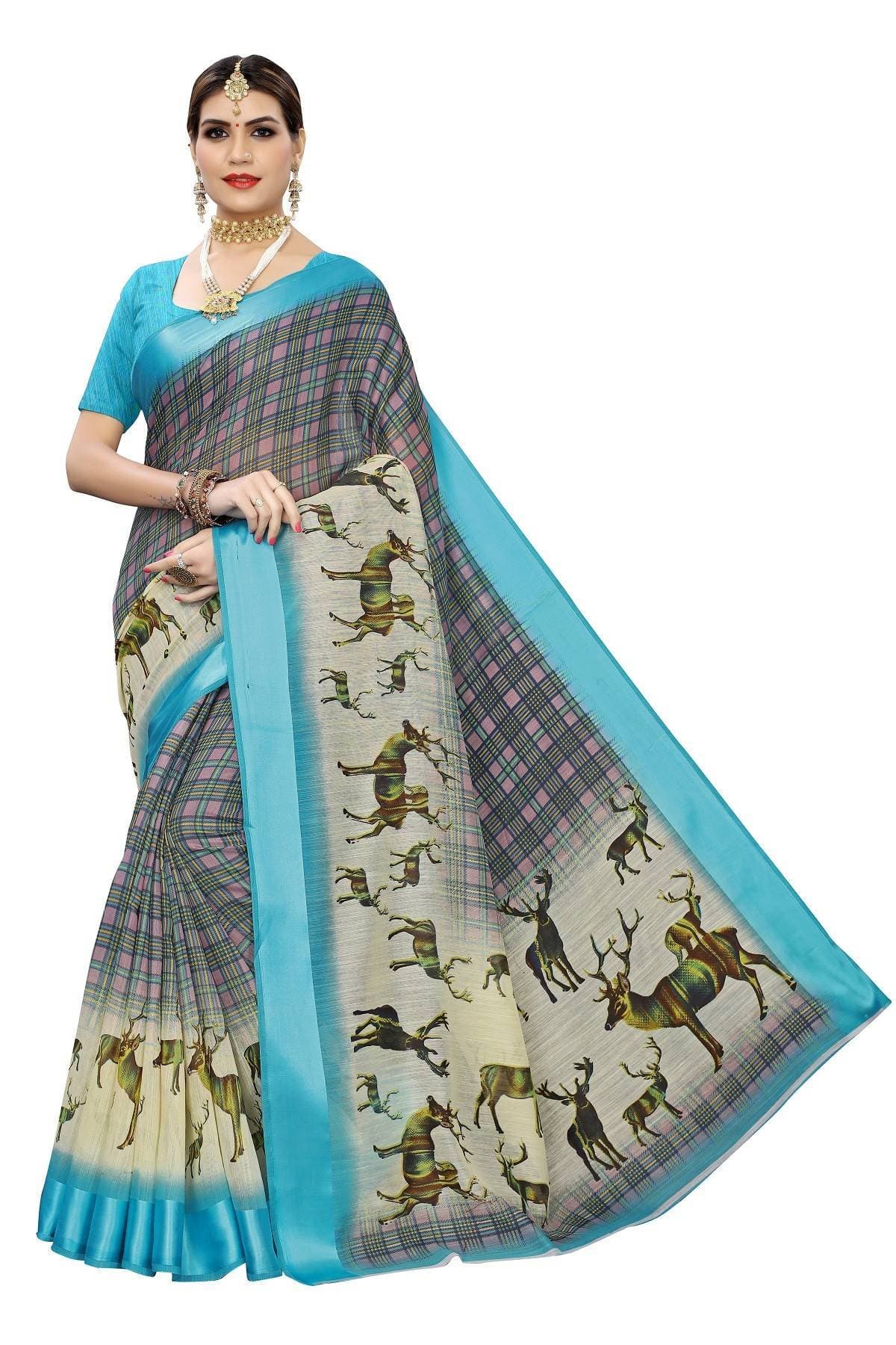 Vamika Blue Linen Digital Print with Satin Border Saree