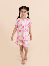 Thumbnail for Girls Pink Yellow Printed Cotton Night Suit - Mini Marvels - Distacart