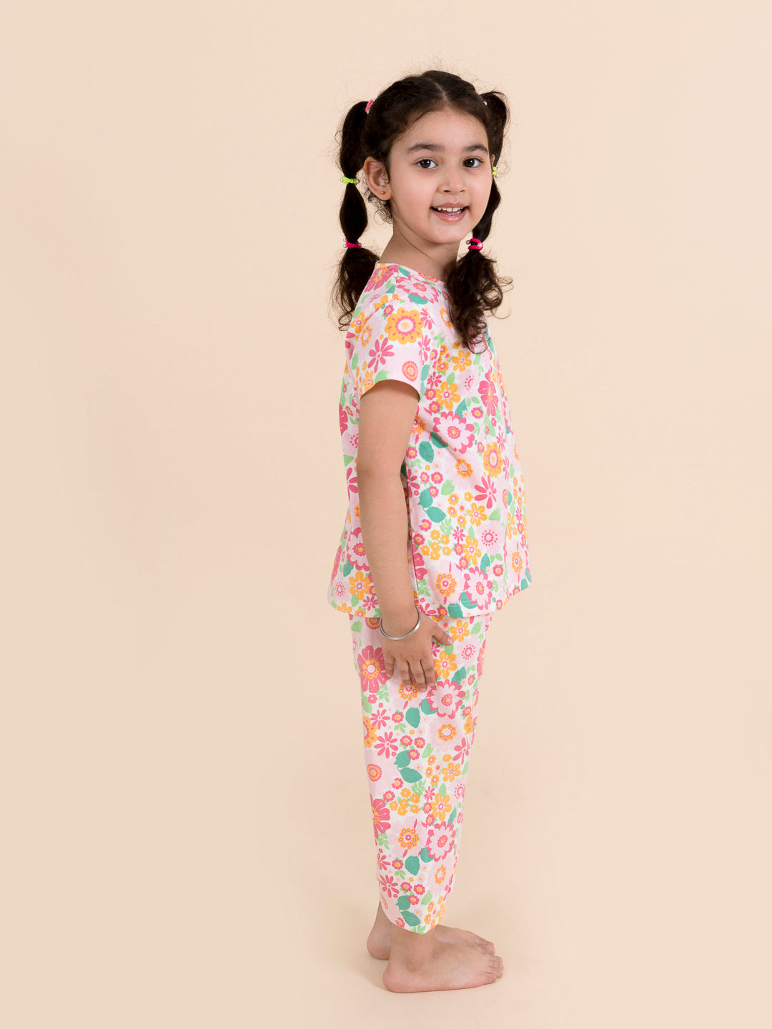 Girls Pink Printed Pure Cotton Night Suit - Mini Marvels - Distacart