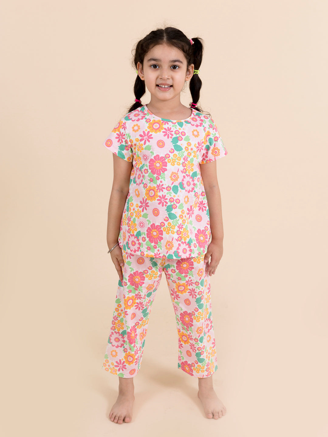 Girls Pink Printed Pure Cotton Night Suit - Mini Marvels - Distacart