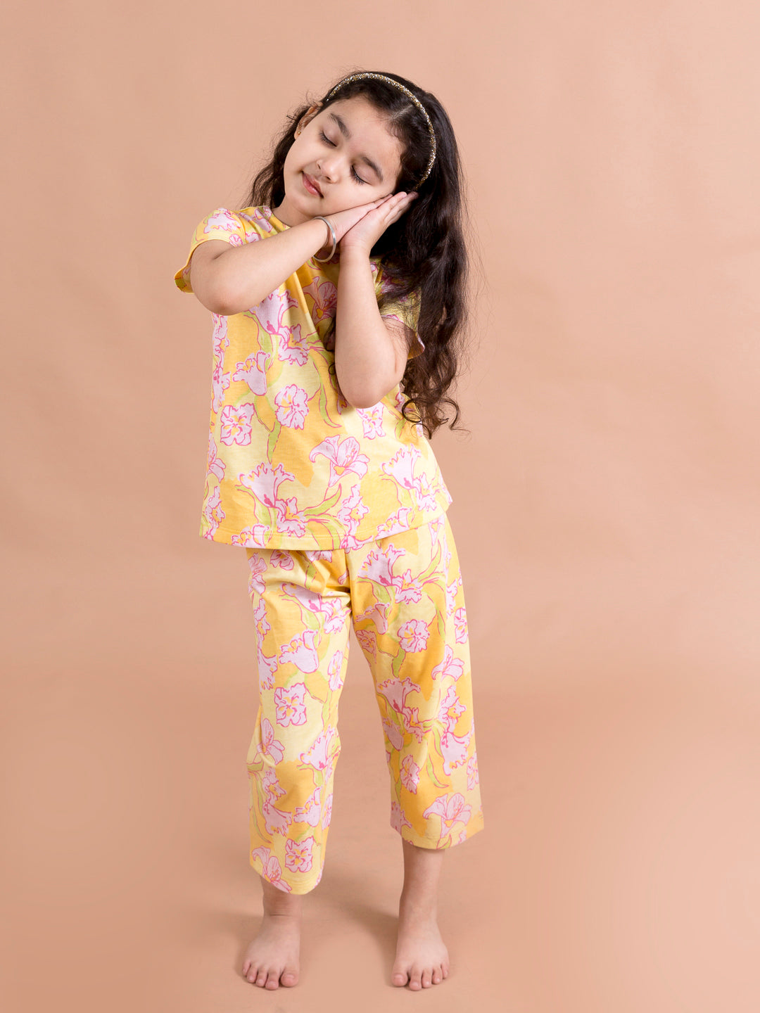 Girls Yellow Pink Floral Printed Cotton Night Suit - Mini Marvels - Distacart