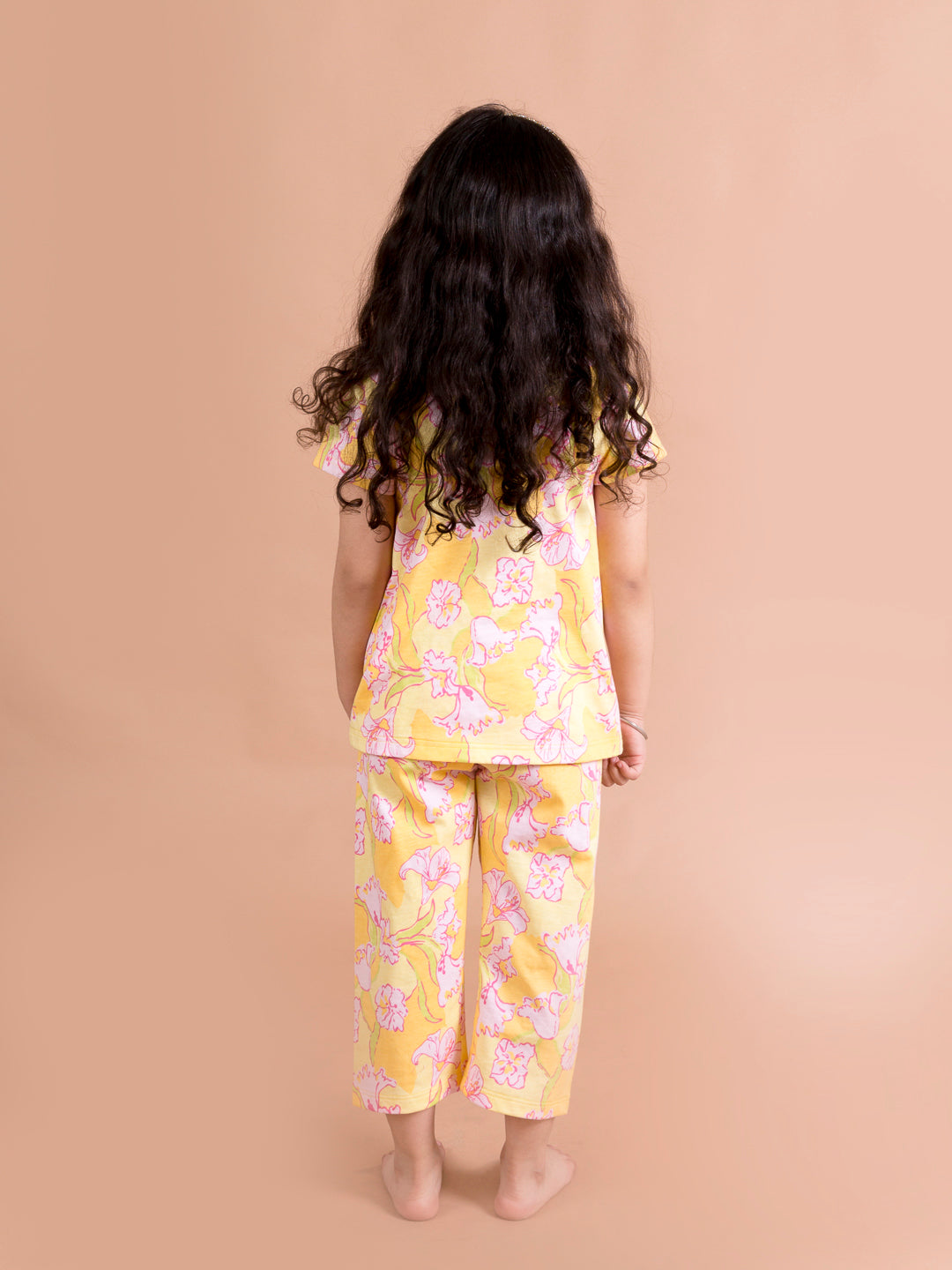 Girls Yellow Pink Floral Printed Cotton Night Suit - Mini Marvels - Distacart