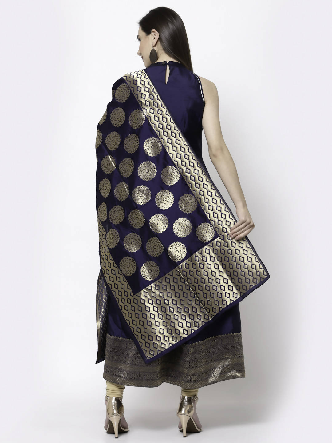 Myshka Women Blue Silk Blend Sleeveless Round Neck Gown With Dupatta