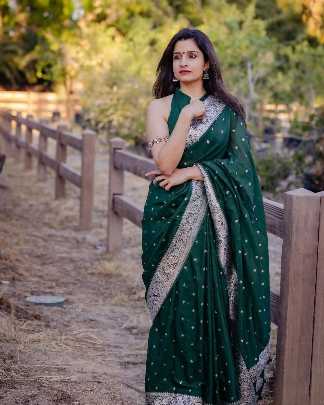 DEIANA'S Beautiful Golden Jari with New Design Soft Lichi Silk Saree - Green - Distacart