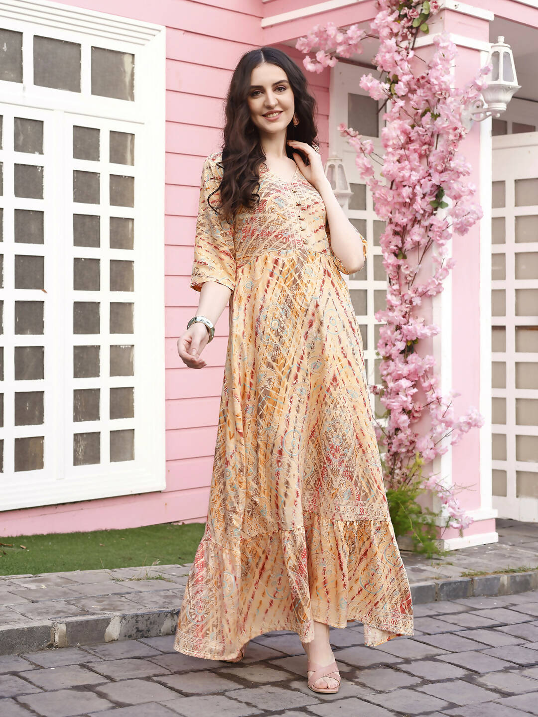 Peach Rayon Foil Printed Long Dress - Michan - Distacart