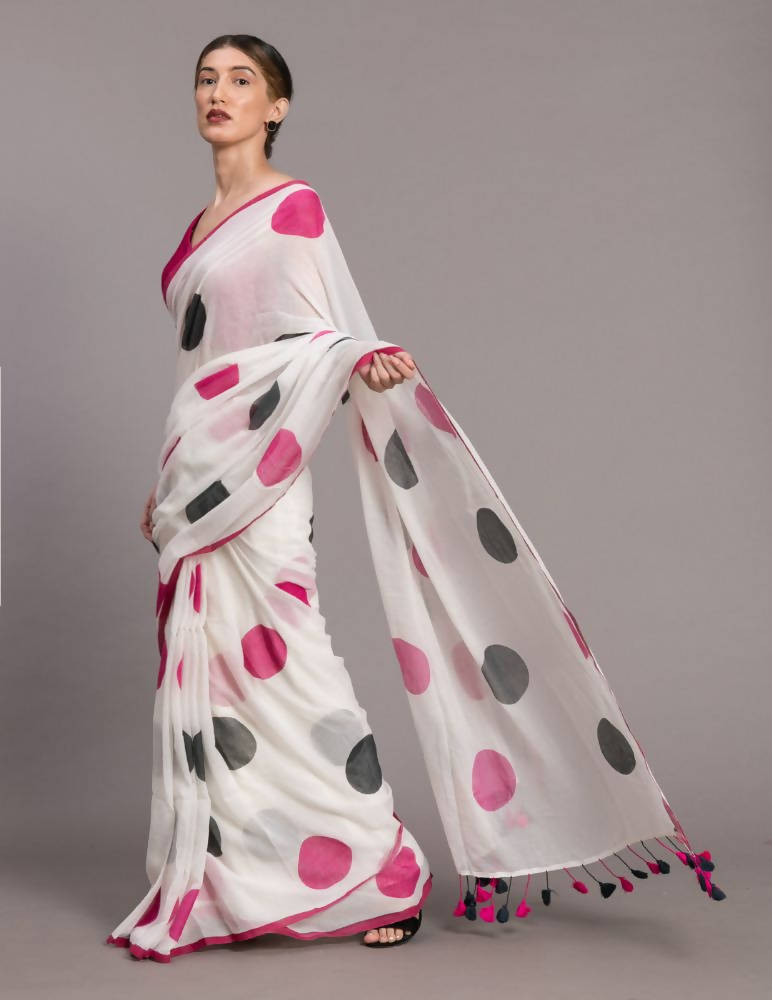 Suta White Pink Polka Dot Printed Pure Cotton Saree - Distacart