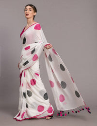 Thumbnail for Suta White Pink Polka Dot Printed Pure Cotton Saree - Distacart