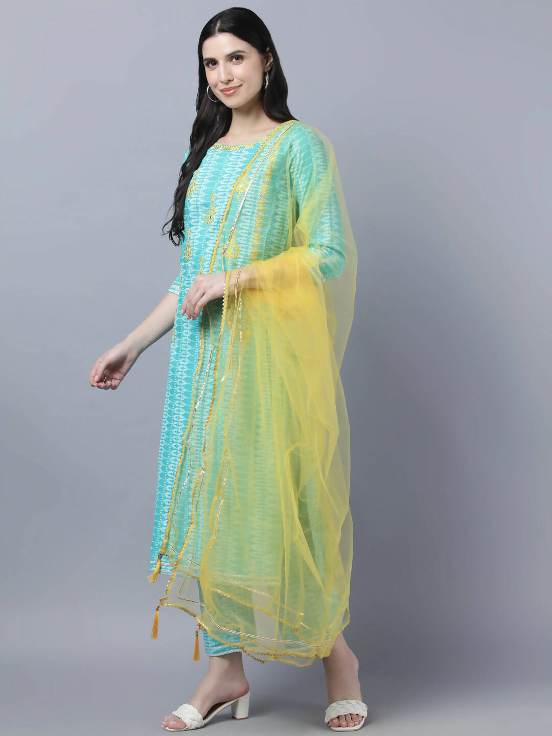 Myshka Women Turquoise Blue Layered Pure Cotton Kurti with Trousers With Dupatta Set - Distacart