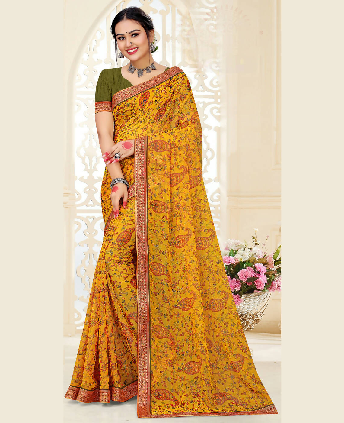 Yellow Chiffon Brasso Printed Saree With Unstitched Blouse Piece - Jyoti - Distacart