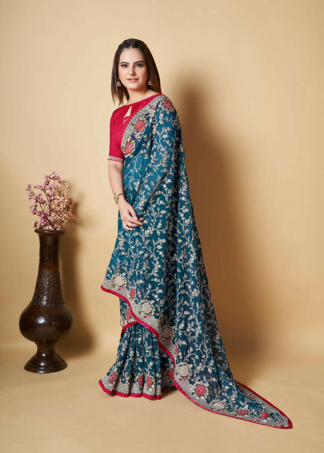 Vastrasky Teal Organza Saree - Distacart