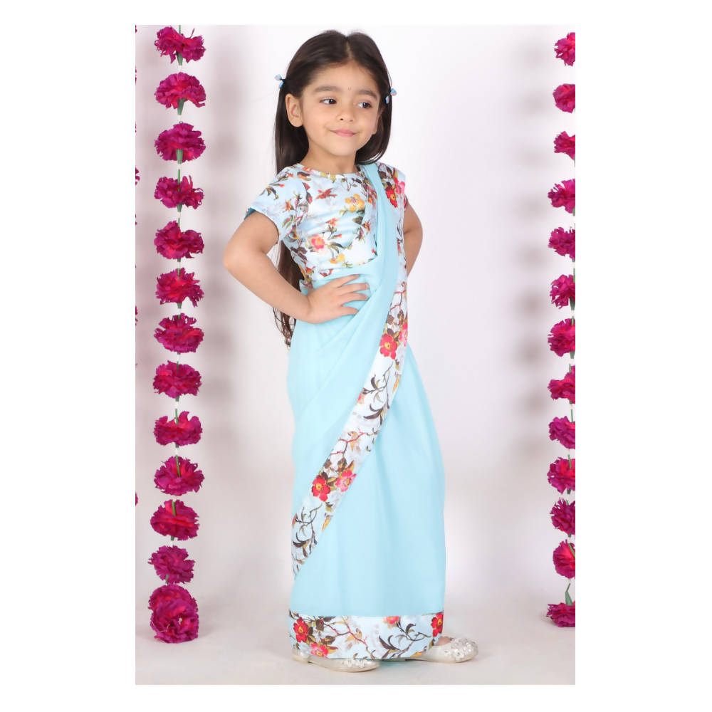 Little Bansi 90's Era Saree with Silk Floral Blouse - Sky Blue