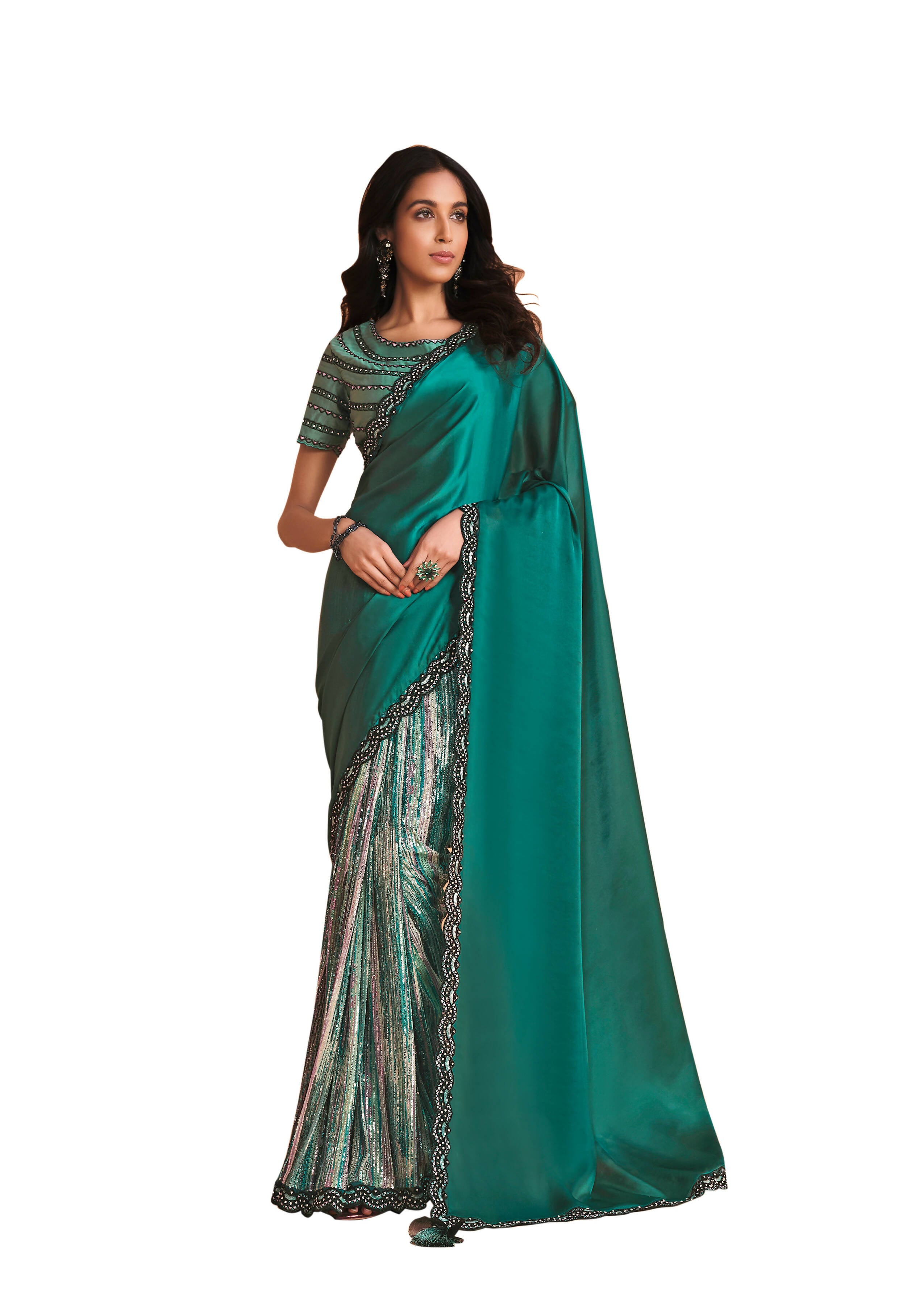 Sea Green Satin Crepe Silk Sequence Embroidered Saree With Unstitched Blouse - Mohmanthan Yavanika - Distacart