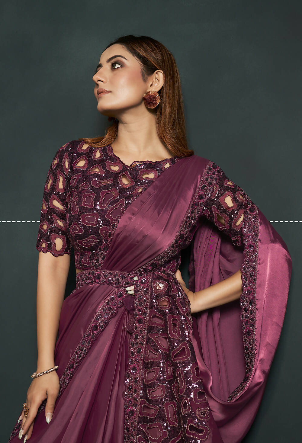 Maroon Silk Crepe Satin Cord Sequence & Thread Embroidered Saree - Moh-Manthan Royal Enigma - Distacart