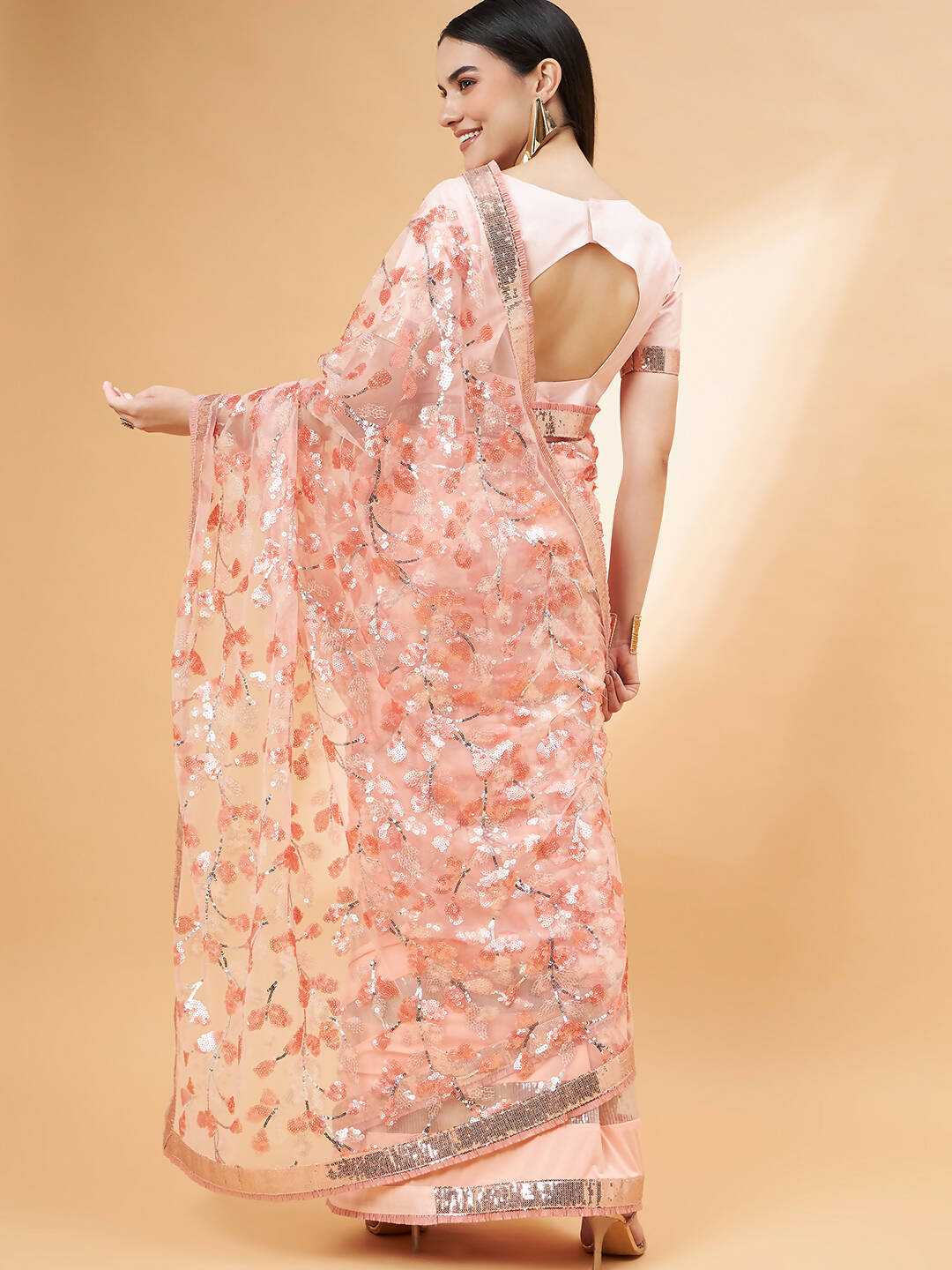 Peach Lycra Sequin Embroidery And Frills Saree - Norita Hit Design - Distacart