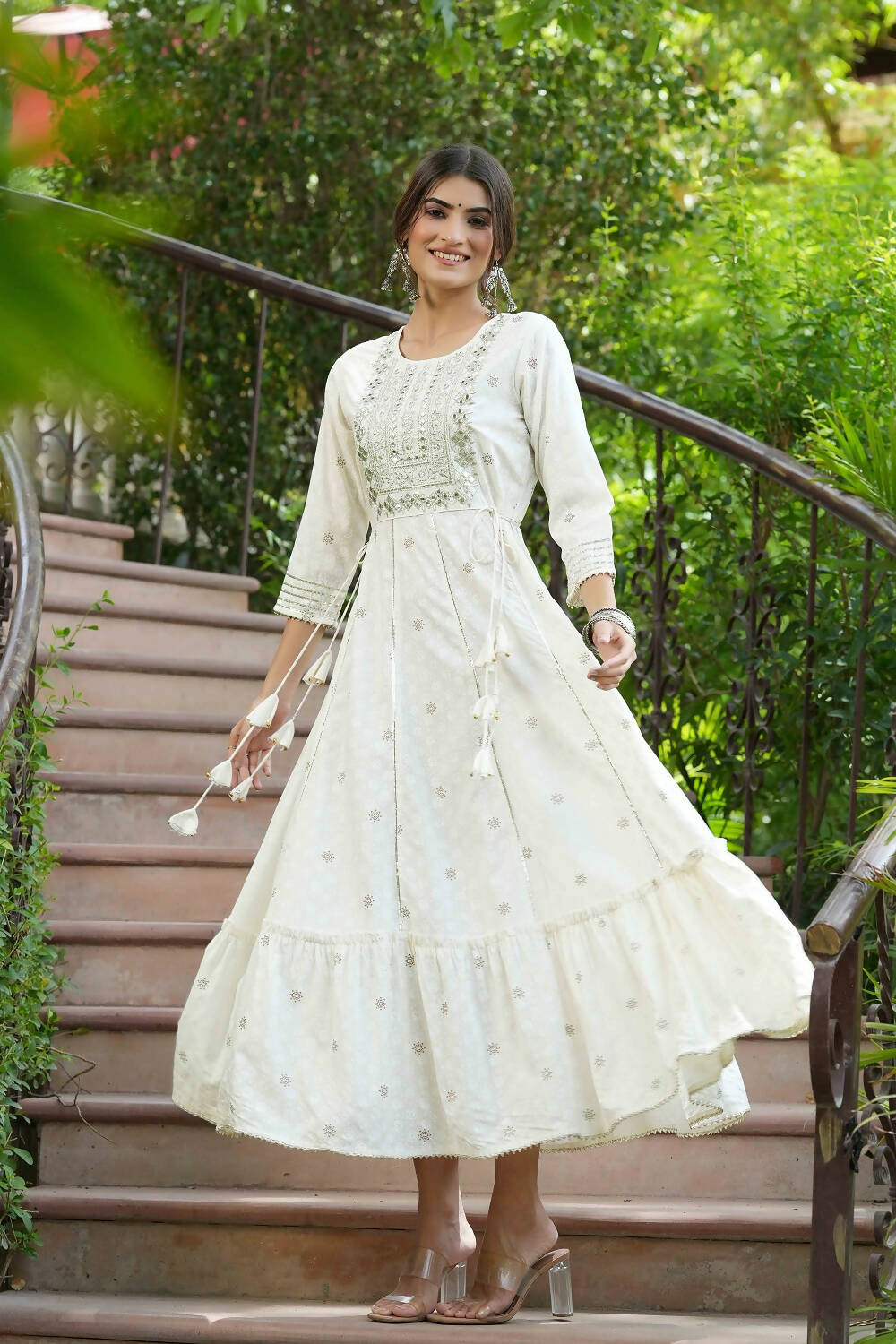 Juniper Off-White Rayon Festive Wear Embroidered A-Line Long Dress - Distacart
