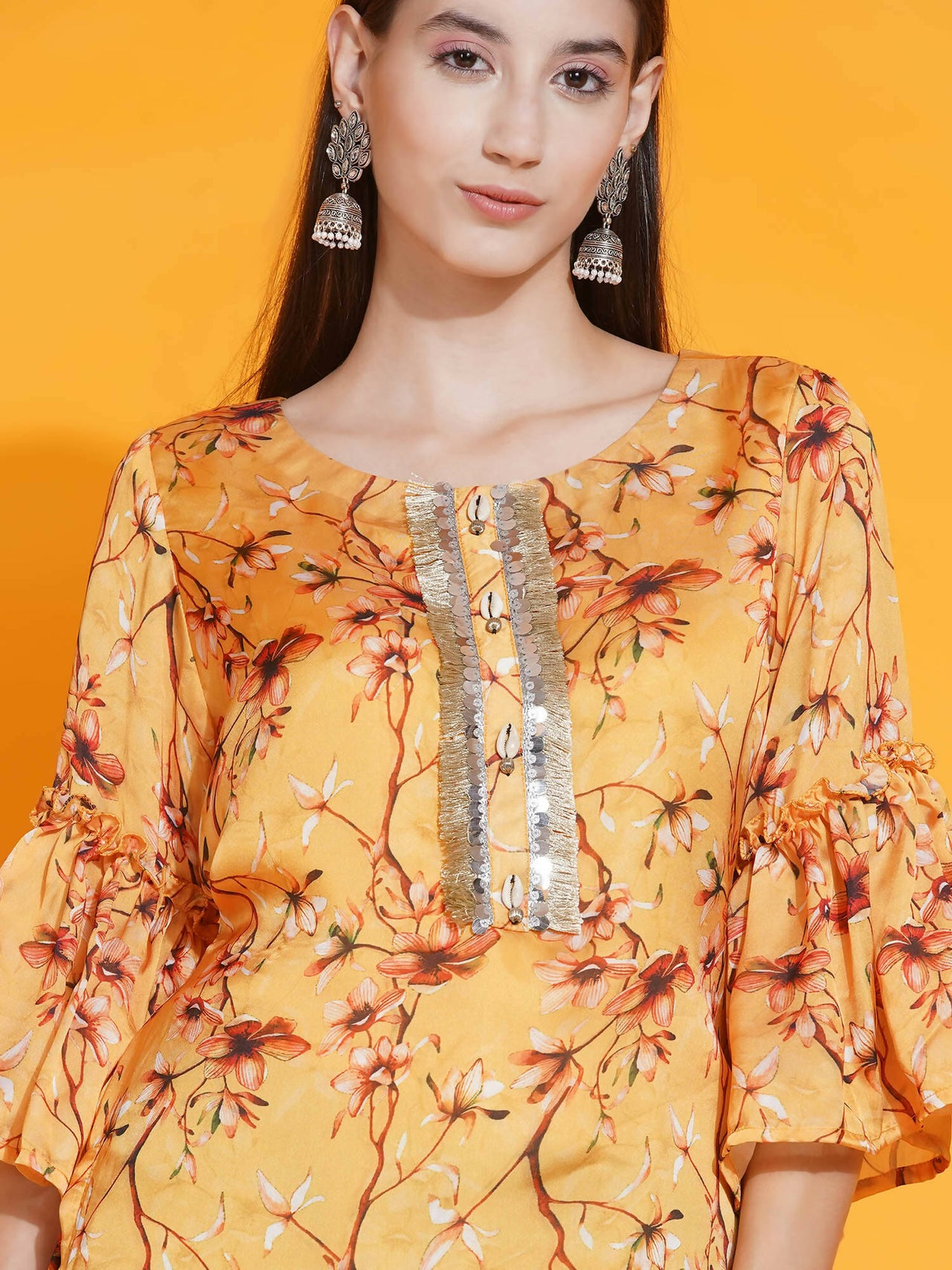 Women Republic Yellow Printed Satin Georgette Shirt With Bell Sleeves And Dhoti - Distacart