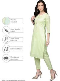 Thumbnail for Ahalyaa Women's Sea Green Cotton Blend Solid Kurta Trouser Set With Dupatta