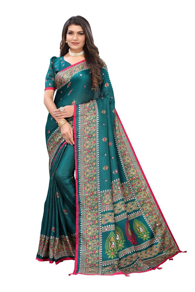 Vamika Rama Green Jute Silk Mirror Work Saree