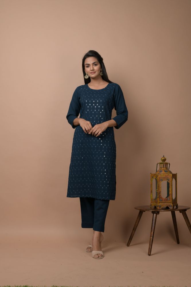 Kaajh Women's Navy Blue Solid Sequins Embellished Kurta Pant Set - Distacart