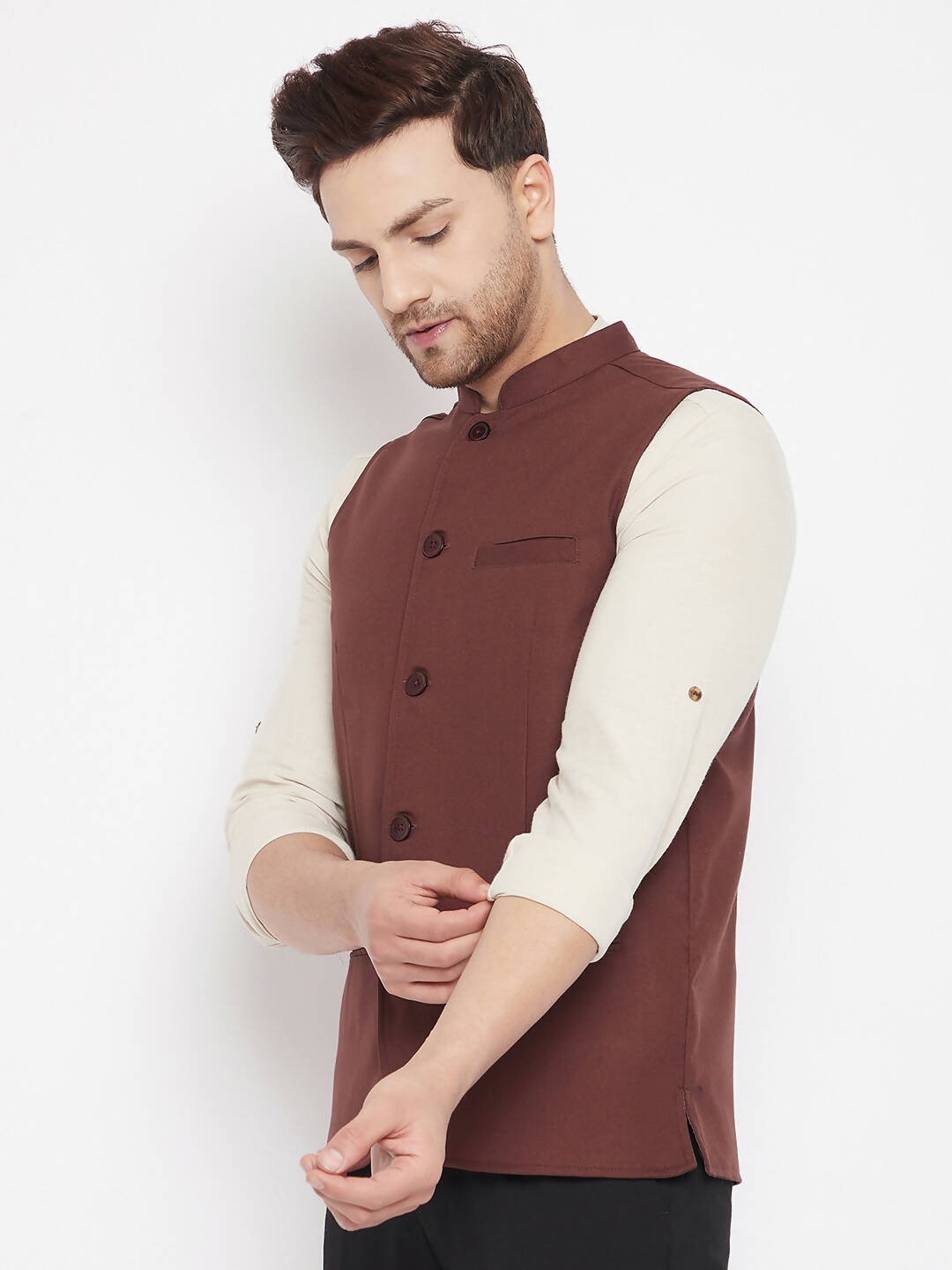 Even Apparels Maroon Merino Men Woven Nehru Jacket - Distacart