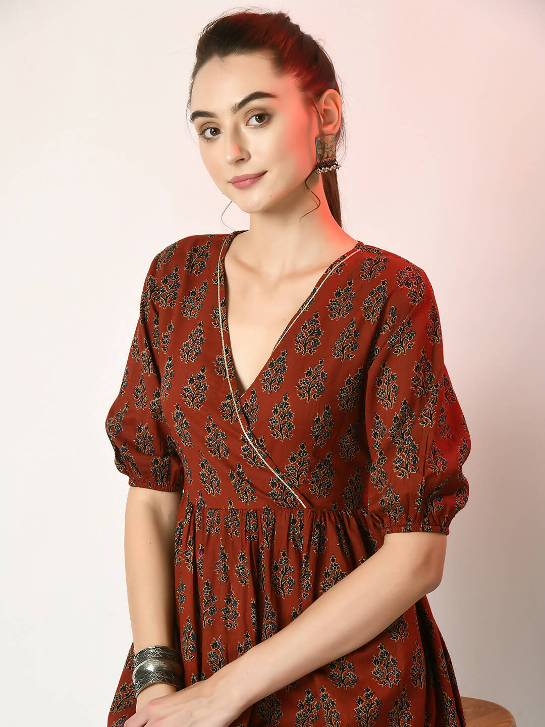 Myshka Women's Rust Empire Printed Dress - Distacart