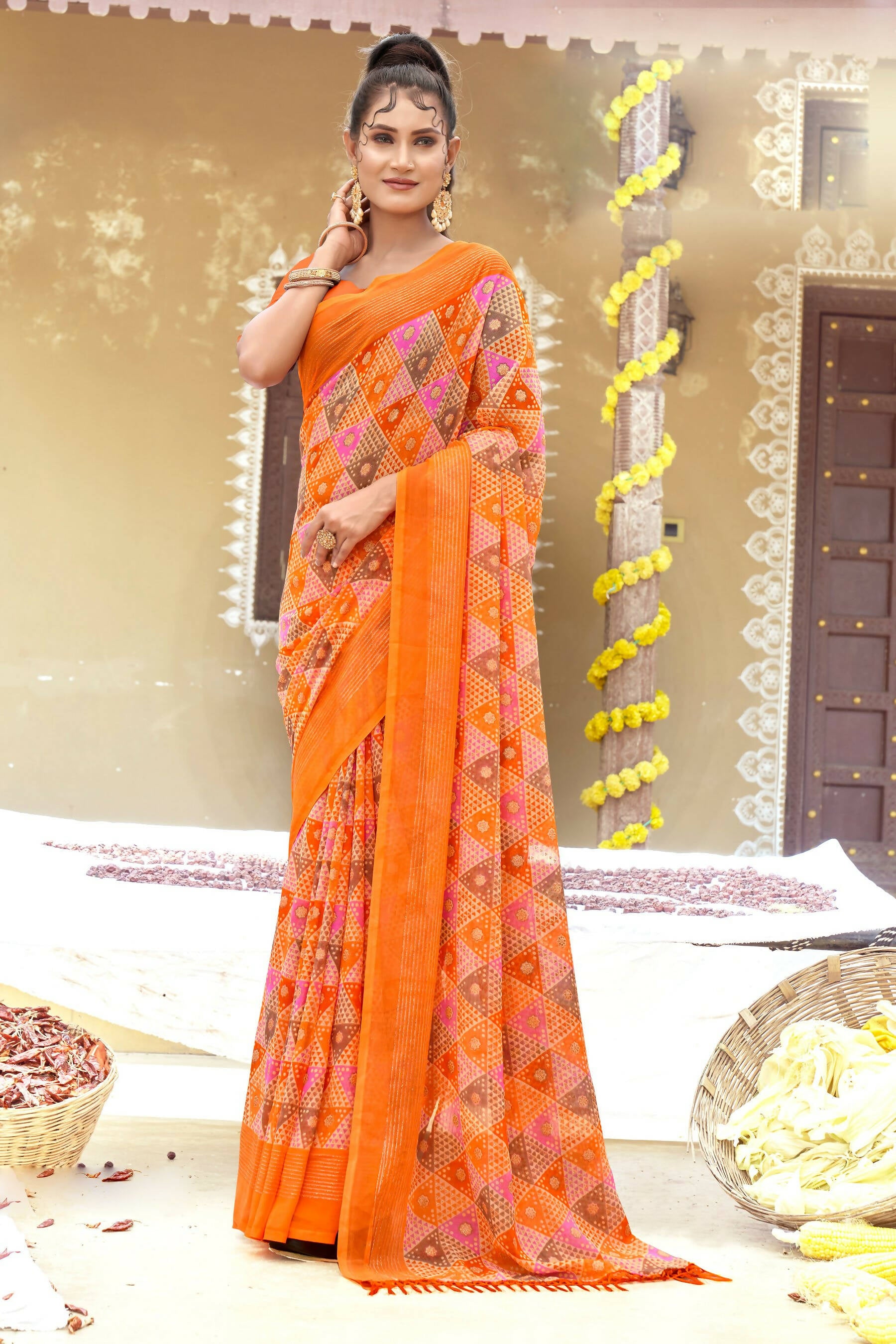 Orange Chiffon Printed Ivory Print and Zari work Saree with Unstitched Blouse Piece - Shanaya - Distacart