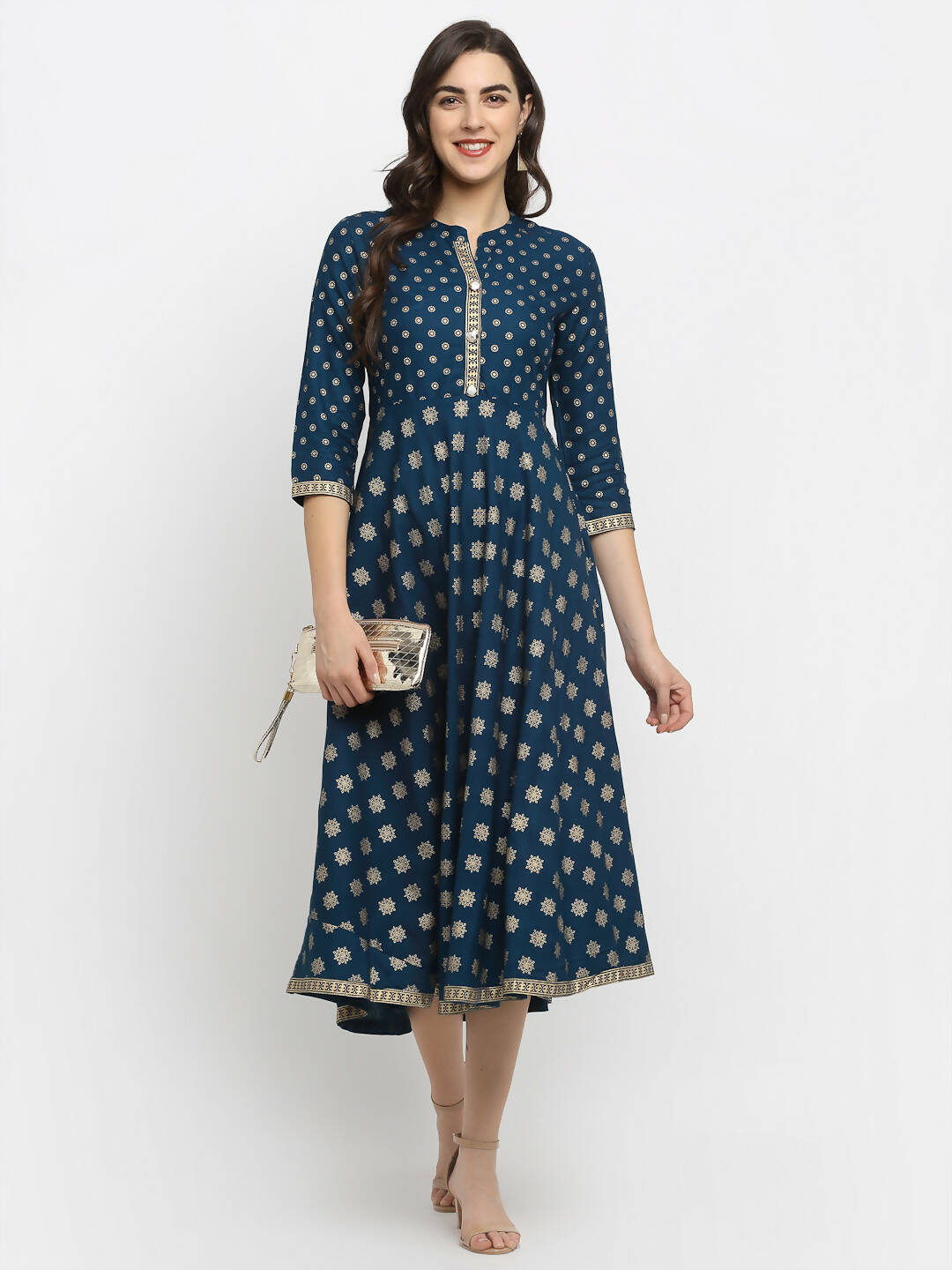 Rudra Bazaar A-Line Gold Floral Printed Turquoise Blue Kurti - Distacart